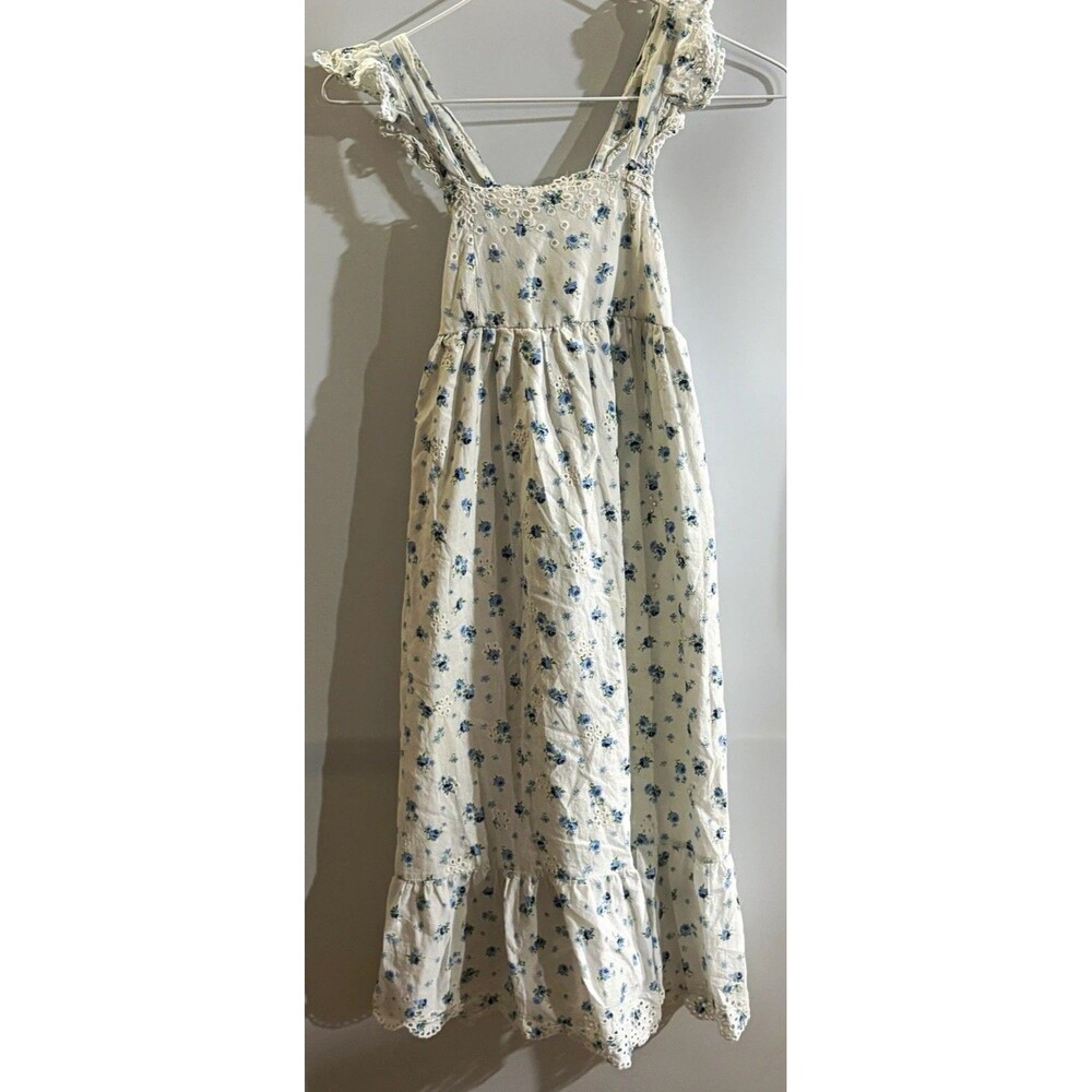 Copper Key White Blue Floral Lace Ruffle Lined Girls Dress M 100% Cotton Long